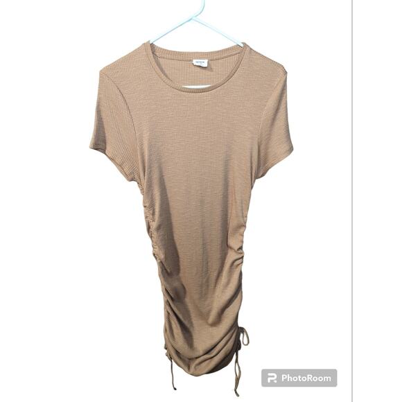 Cotton On Bodycon Tshirt Dress Size‎ L Side Ruching Y2K 90s Beige Short Sleeve - Picture 1 of 7